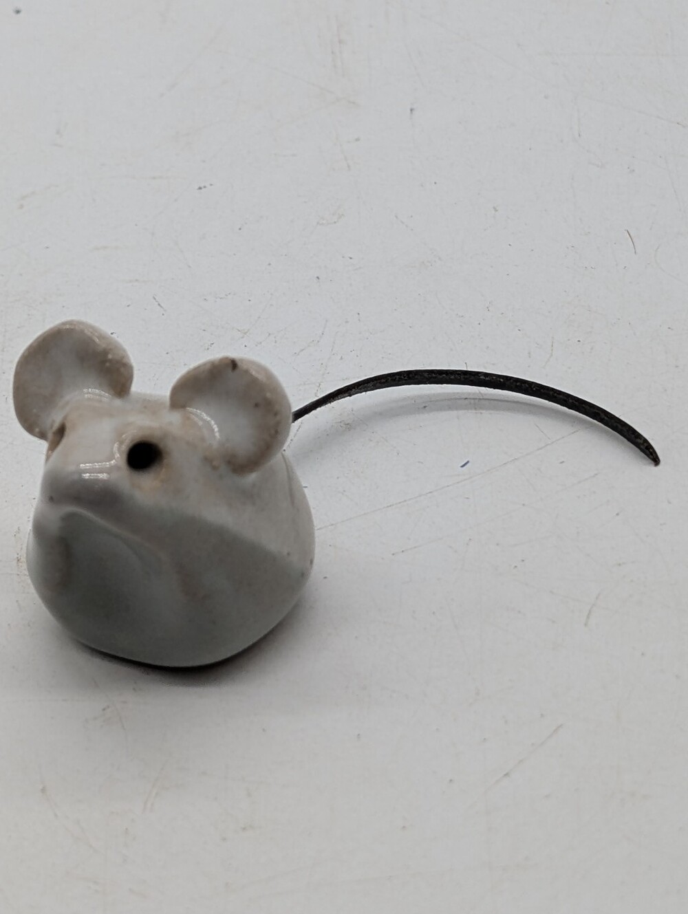 Vintage Studio Art Pottery Ceramic Mouse Figurine Gray Glaze Leather Tail